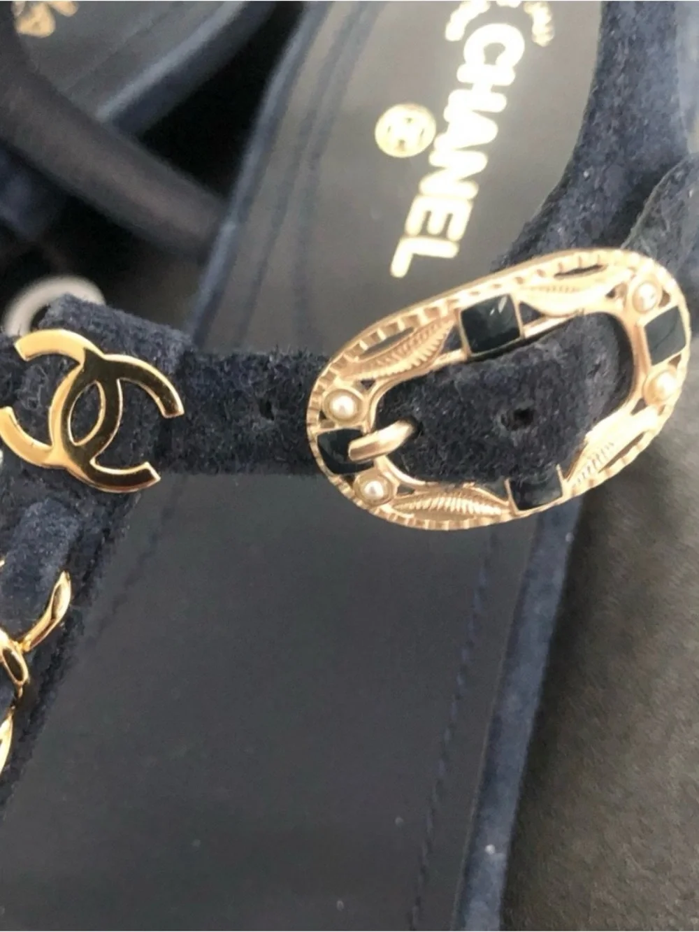 CHANEL Suede Calfskin Thong Sandals 38.5 Navy Blue
